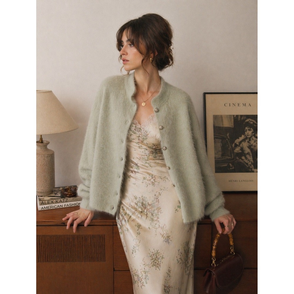 Vintage Retro Pappas Furs Angora Blend Fuzzy Cardigan Sweater Sage Green- L